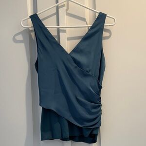 Women’s Bailey 44 Teal Blue Draped V-Neck Sleeveless Top, Ruched Sides